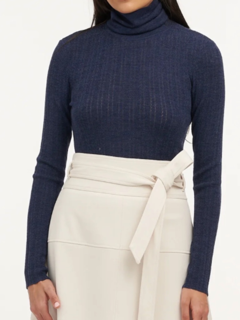 Tanya Taylor Kayden 100% Extrafine Merino Wool Knit Top Navy Blue Turtleneck